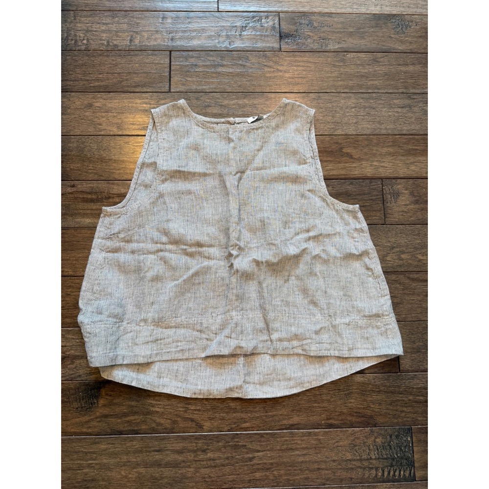 Madewell Tank Top Women XL Grey White Pinstripe 100% Linen Pleat Back NZ464